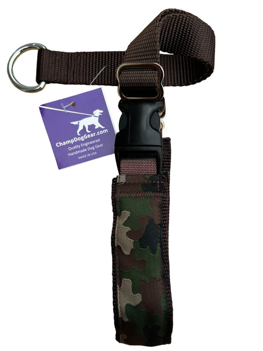 A Secret Powers Training Collar with Quick Release Snap - Green Camo on Brown